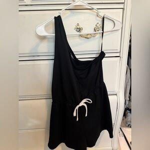 Black One Sleeve Dress with White Tie